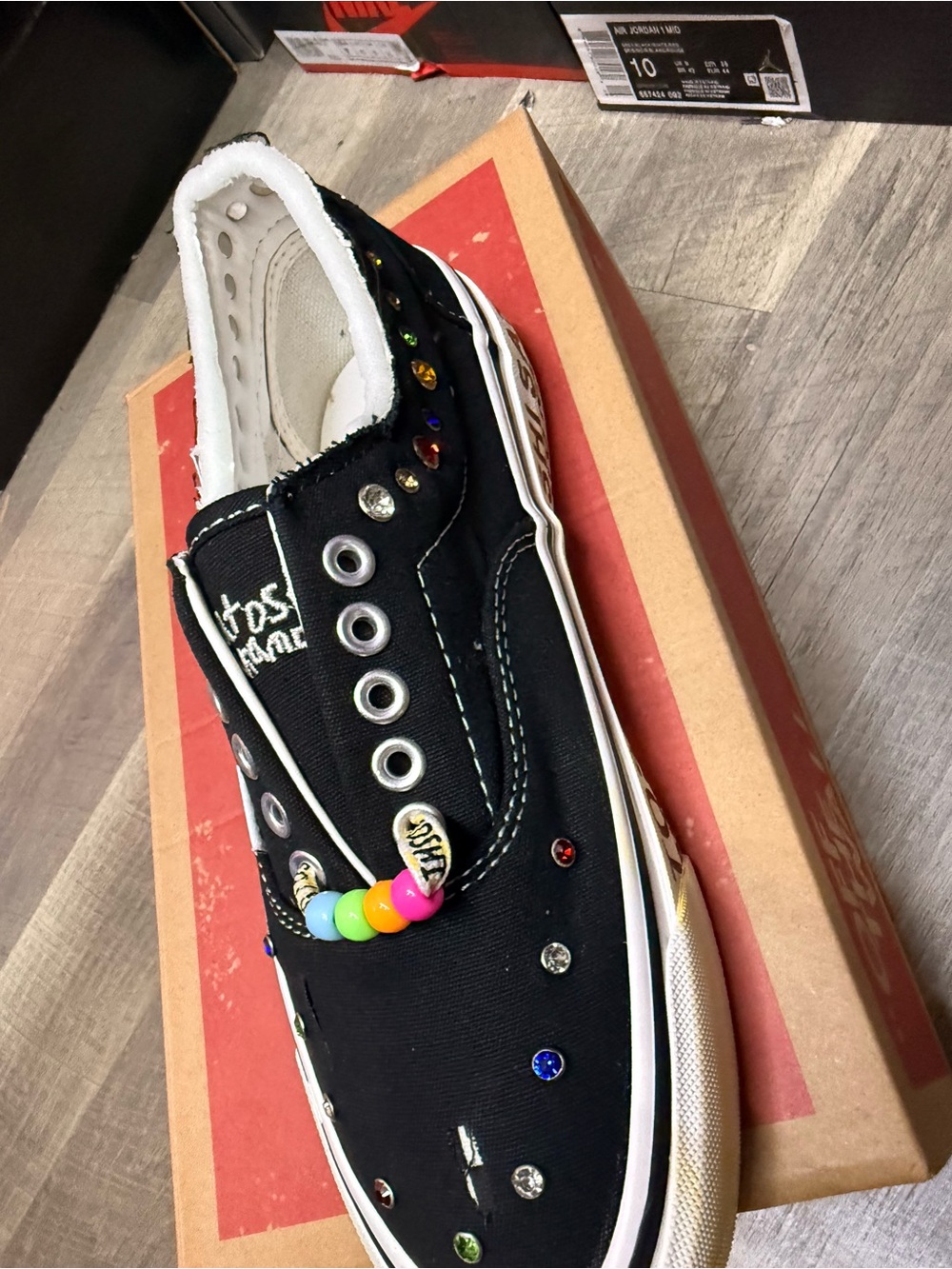 Vans Black Kids Slip-On Sneakers with Multicolor Gem and Bead Accents